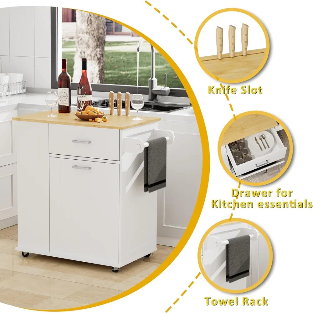 Rolling Kitchen Island on Wheels with Trash Can Storage and Spice Rack