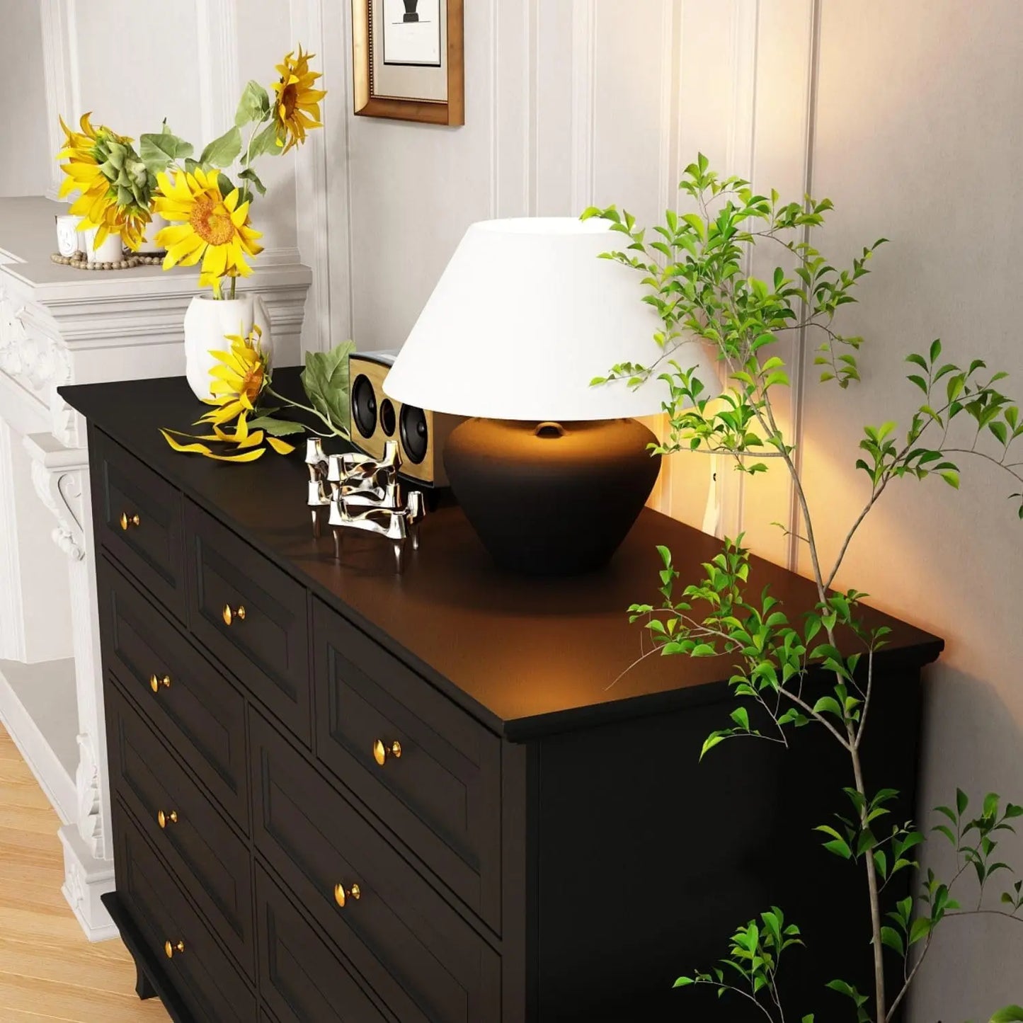 9 Drawer Dresser Modern Black Chest of Drawers Wide Storage for Bedroom