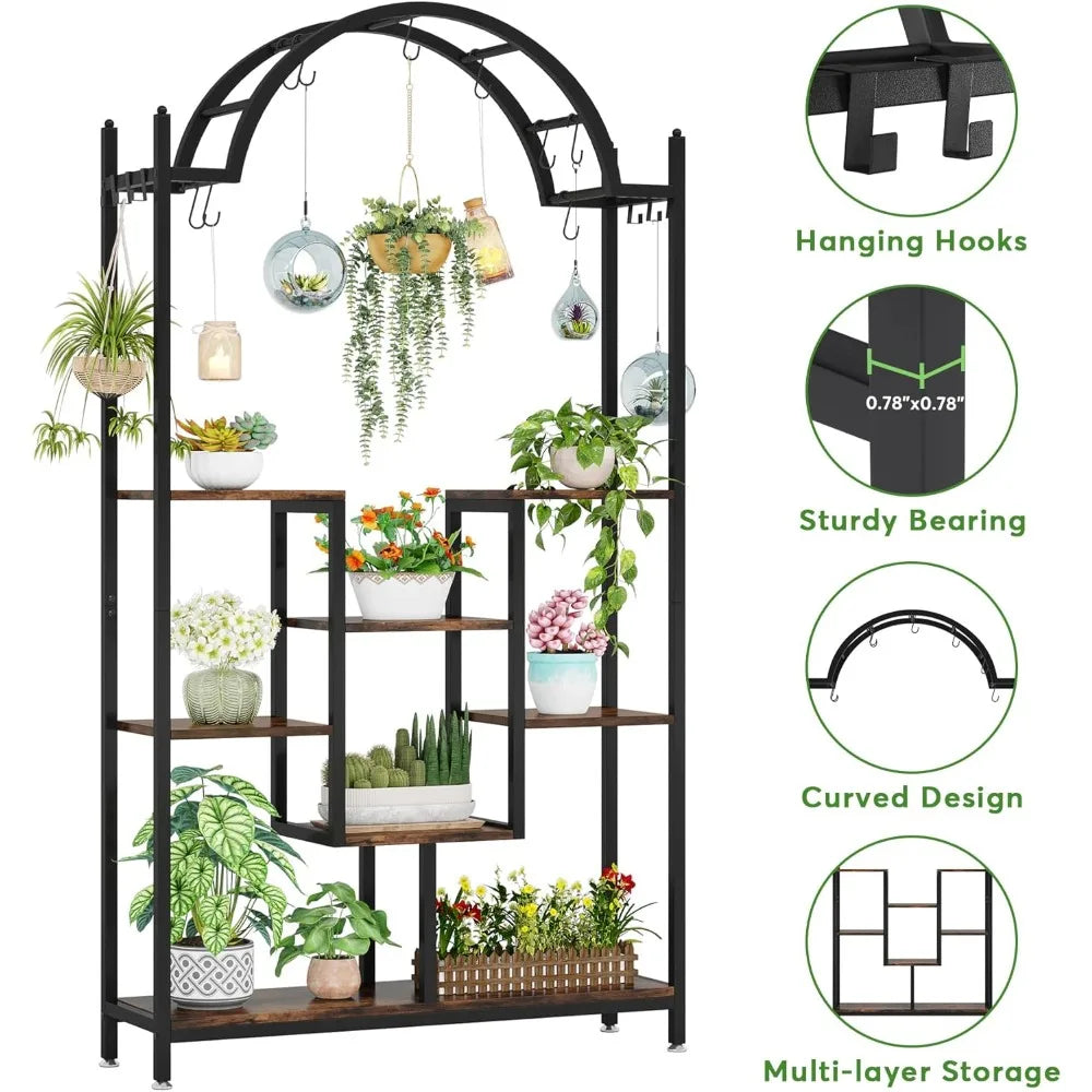 5-Tier Tall Indoor Plant Stand Arched Metal Flower Shelf with Hooks