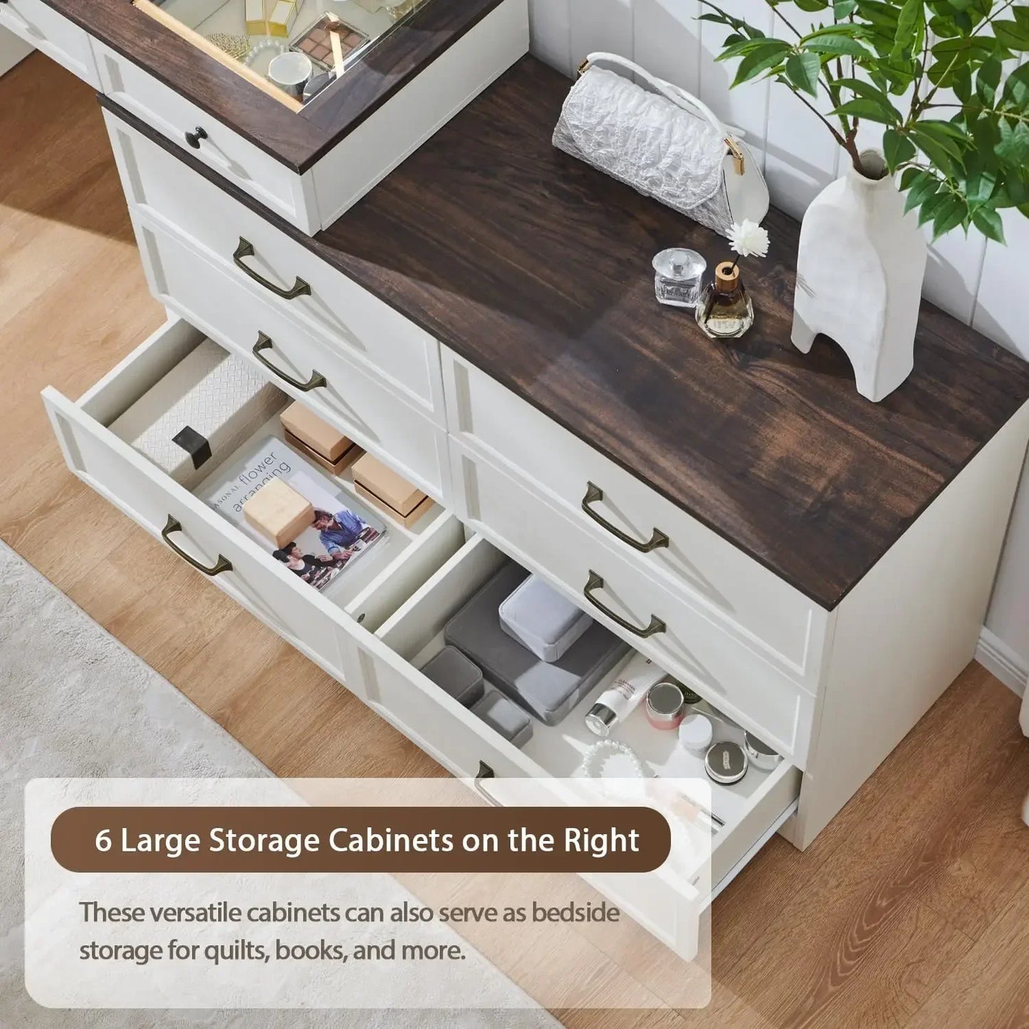 69 Inch Big Vanity Desk Glass Top Farmhouse Makeup Table Storage Drawers