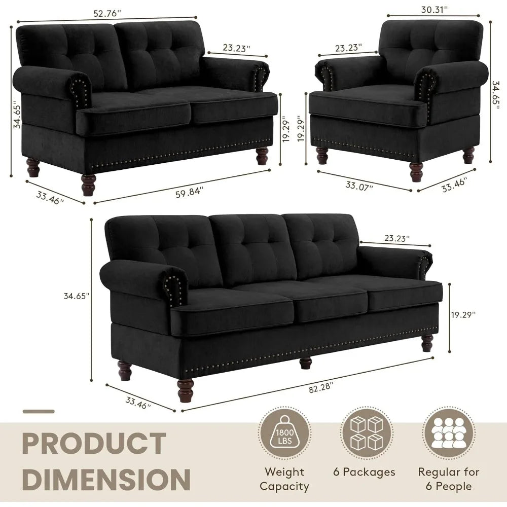 Ljustra 86 Inch 3-Seater Tufted Sofa Set with Accent Chair