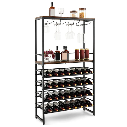 32 Bottle Wine Rack Rustic Freestanding Storage Holder with Glass Holder