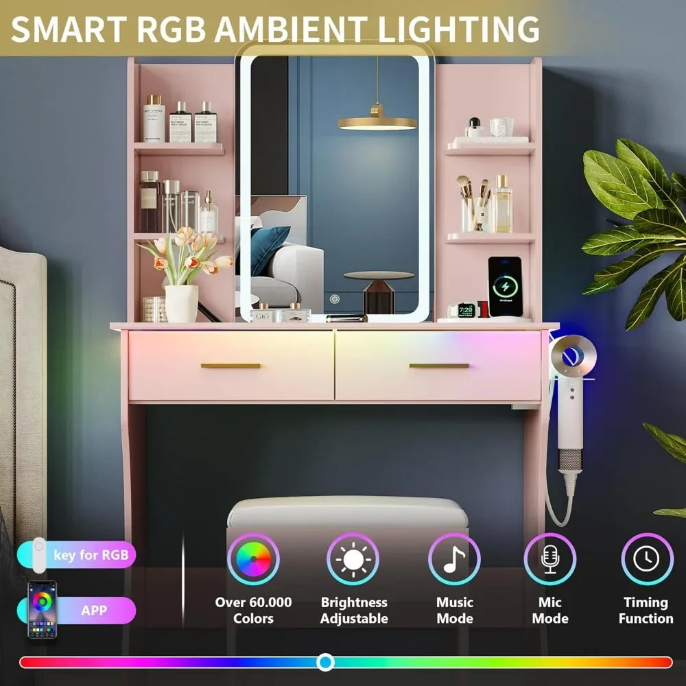 LED Makeup Vanity Desk with Mirror and Storage Drawers Chair Set
