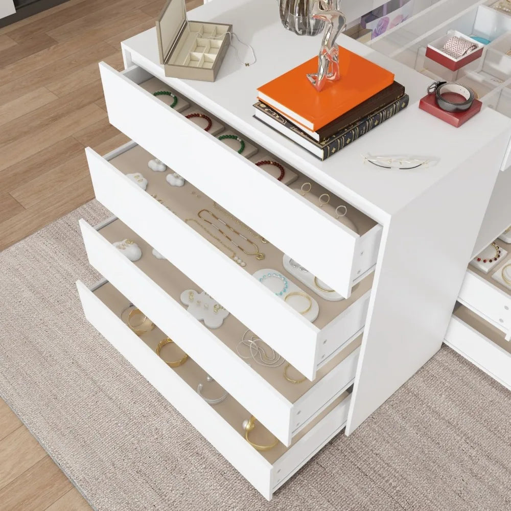 Armoire Bedroom Island Wardrobe Closet with 14 Drawers Glass Tabletop