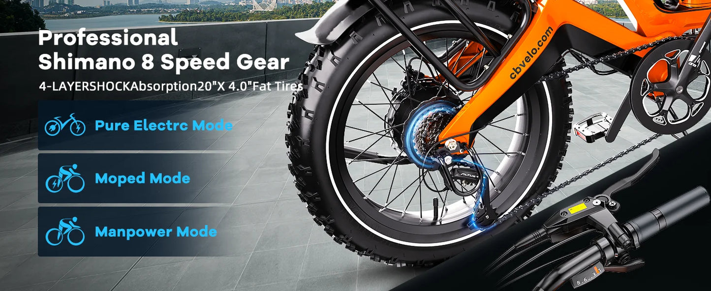 Ljustra 1000W Folding Electric Bike 35MPH 100Mile Range 20" Fat Tire