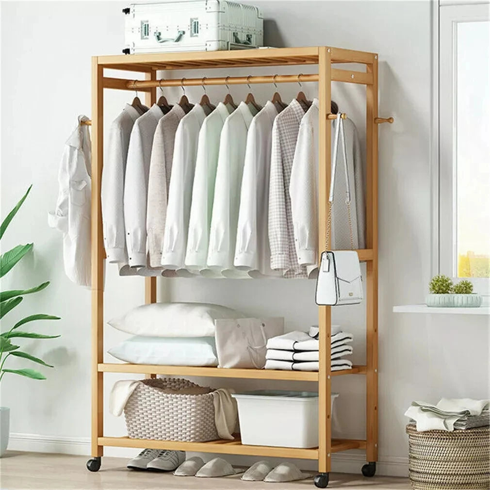 Bamboo Garment Rack with Wheels Multifunctional Clothing Organizer