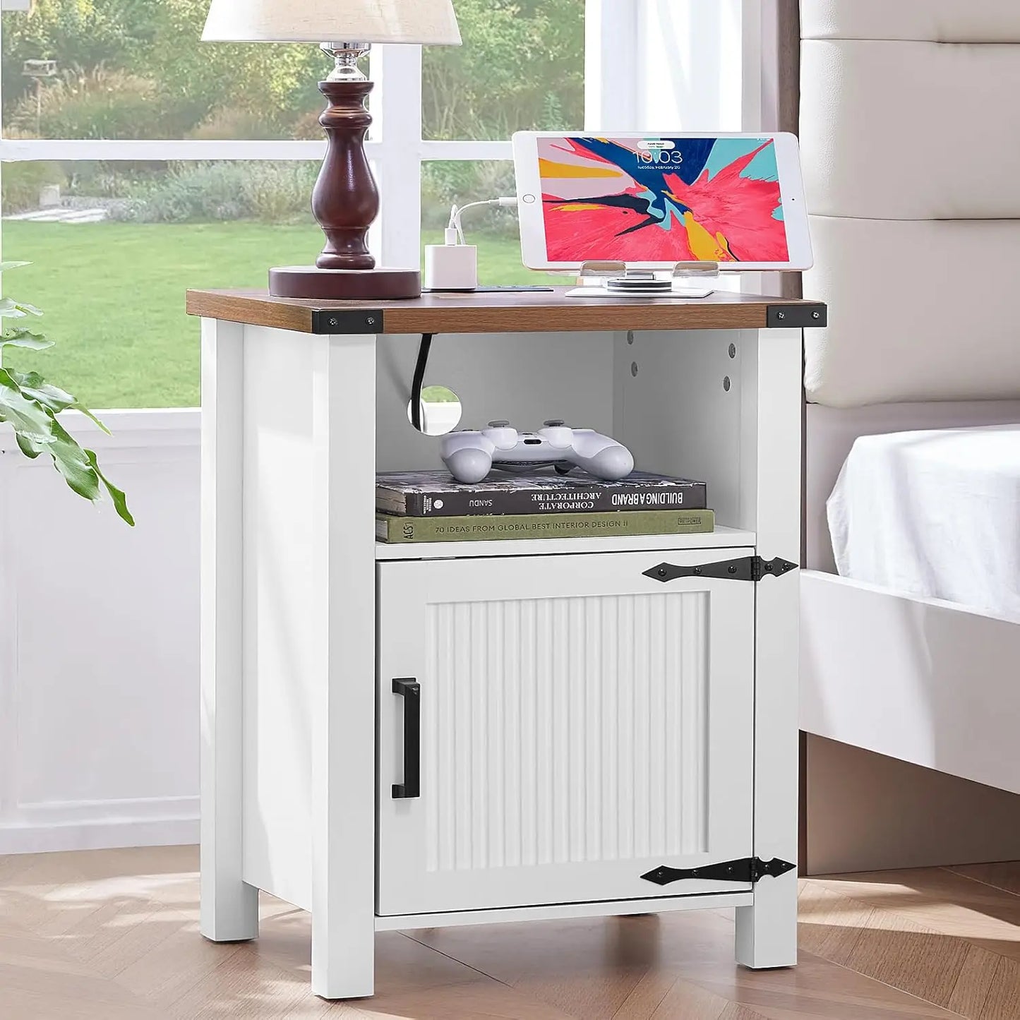 18 Inch Farmhouse Nightstand with Charging Station USB Ports Rustic Table