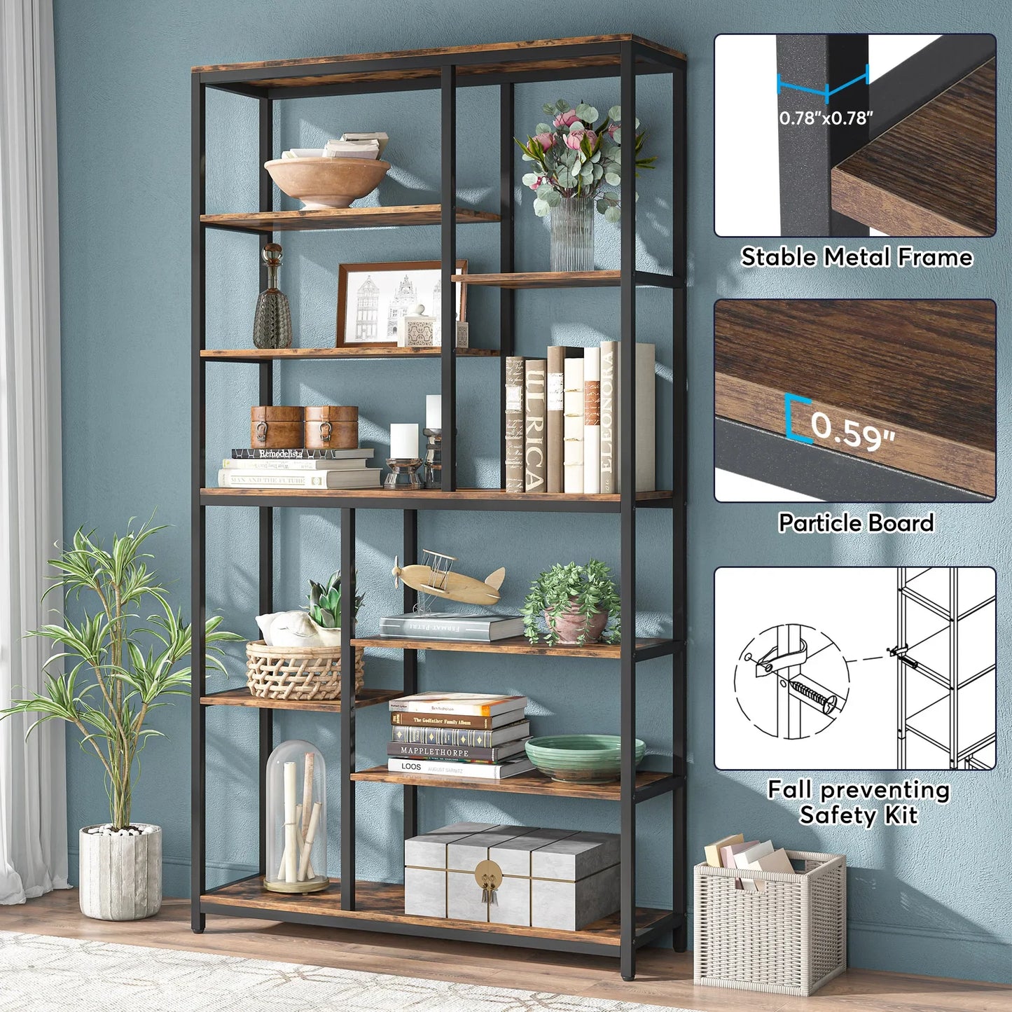 Ljustra Modern 8-Tier Staggered Bookcase Wide Wood Etagere Shelving Unit
