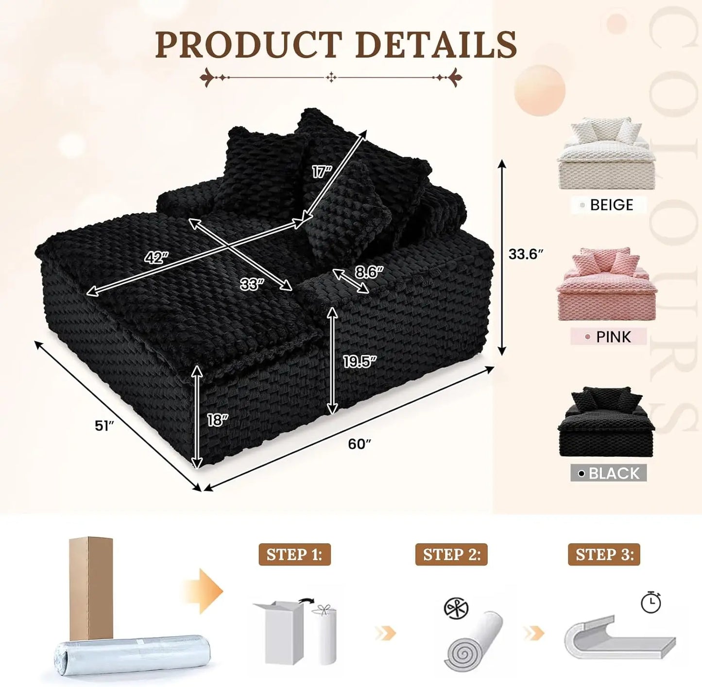 Ljustra Oversized Chaise Lounge Chair Comfy Corduroy Sofa Couch