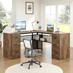 L Shaped Desk with Drawers Storage Corner Computer Desk Home Office