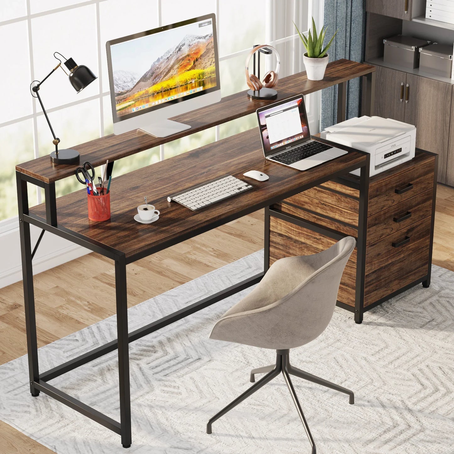 Ljustra 63 Inch Ergonomic Computer Desk with File Drawer Cabinet