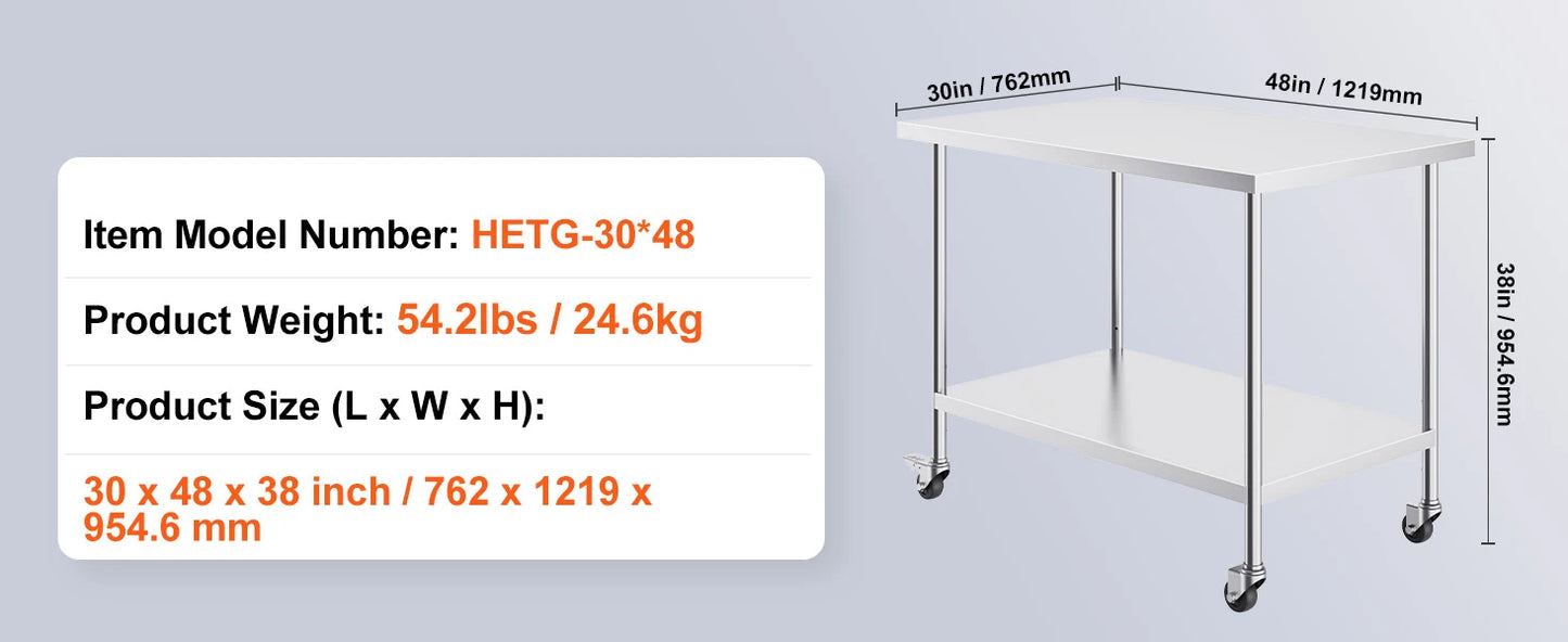 Heavy Duty Stainless Steel Work Table with Wheels Adjustable Height
