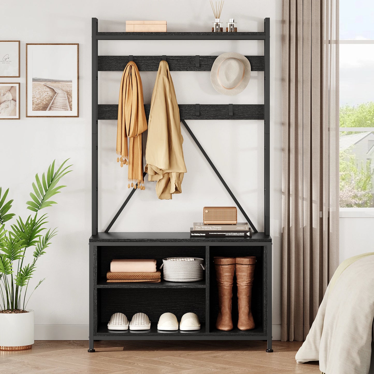 Hall Tree Entryway Bench with Coat Rack Shoe Storage 8 Hooks Industrial