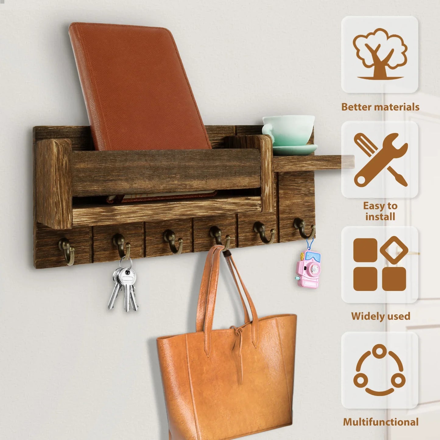 Wall Mounted Mail Organizer Key Holder with Shelf Hooks for Entryway