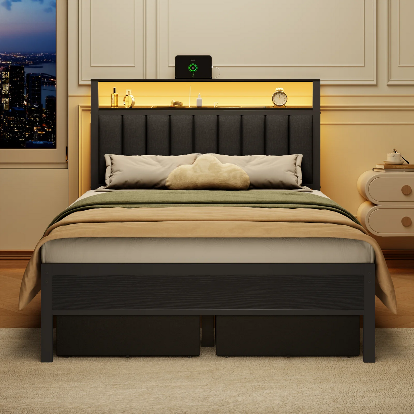 Ljustra Full Bed Frame with Charging Station LED Lights and Storage