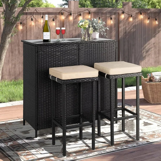 3 Piece Wicker Patio Outdoor Bar Set with 2 Stools and Table