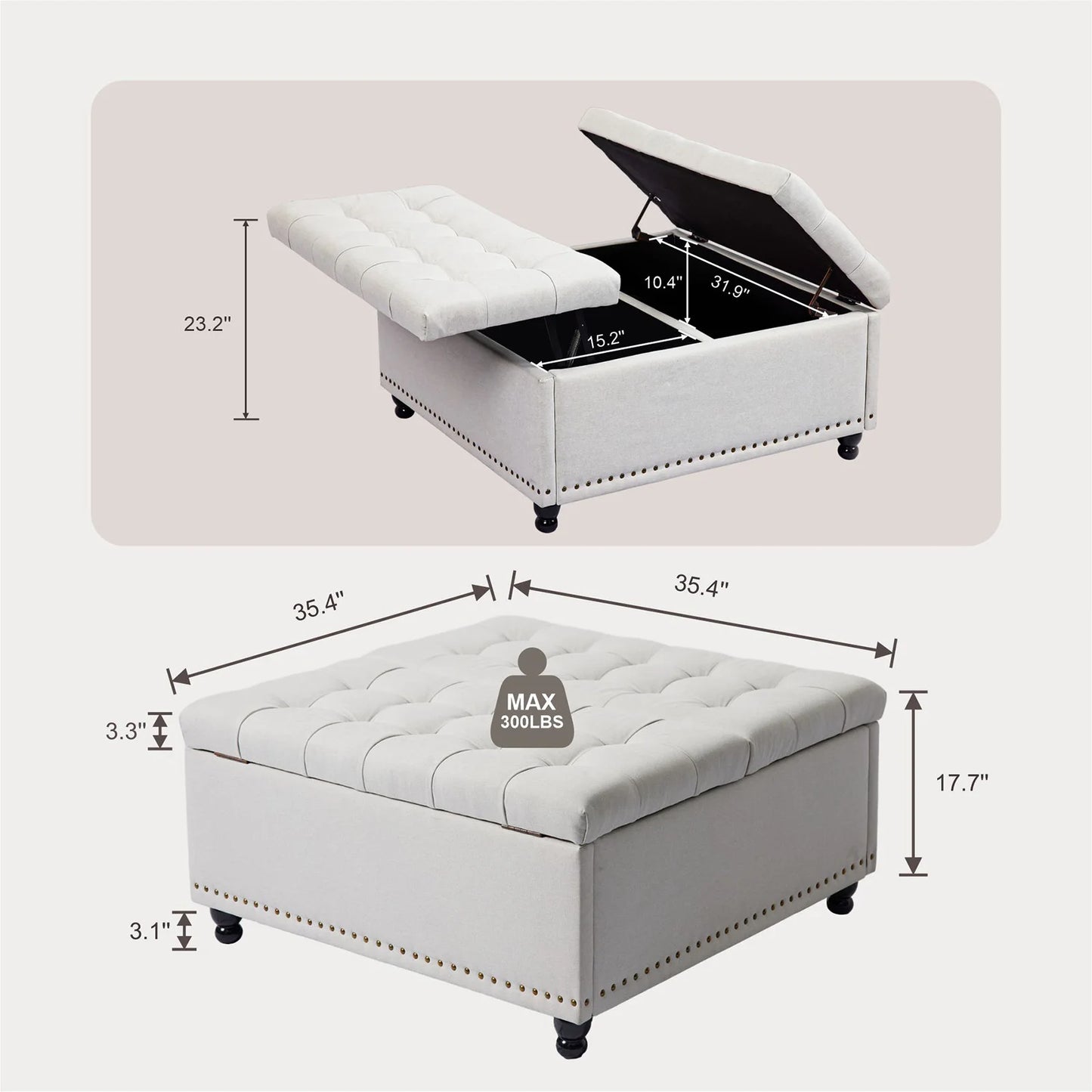 Large Square Storage Ottoman Bench Lift Top Upholstered Coffee Table