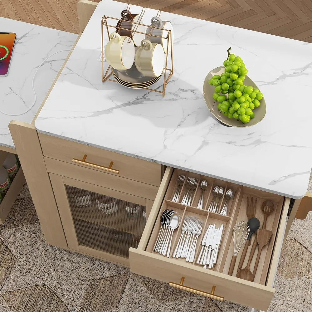 Kitchen Island with Extendable Table Power Outlets Rolling Cart