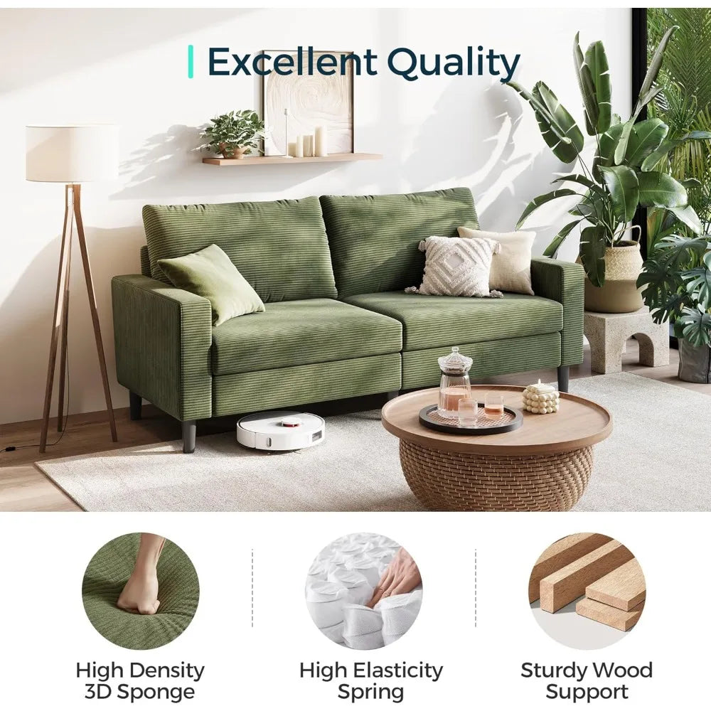 79" Corduroy Loveseat Sofa, Adjustable Seat Depth, Green Couch, Comfy 2–3 Seater