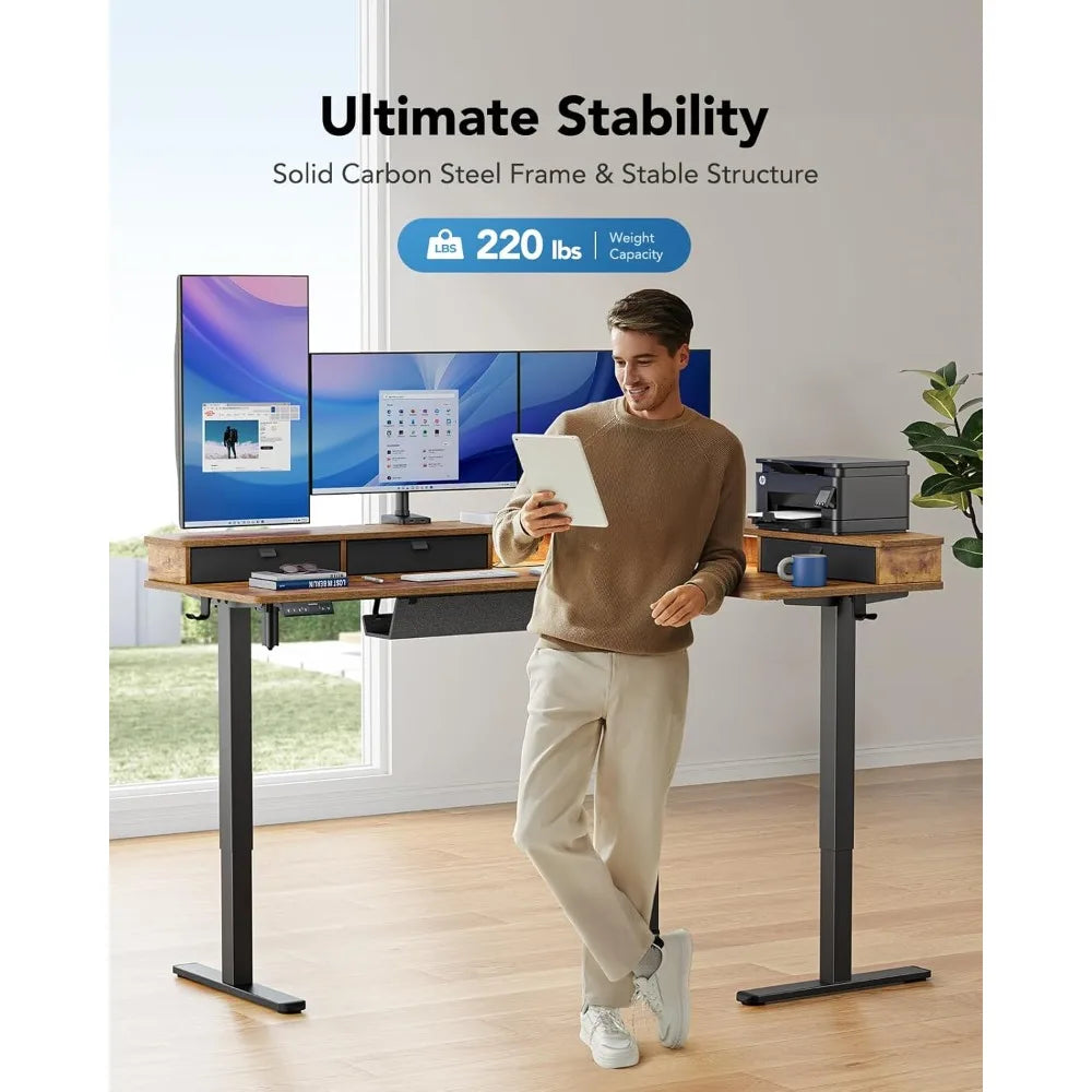 65 Inch L Shaped Electric Height Adjustable Standing Desk with Power Outlets