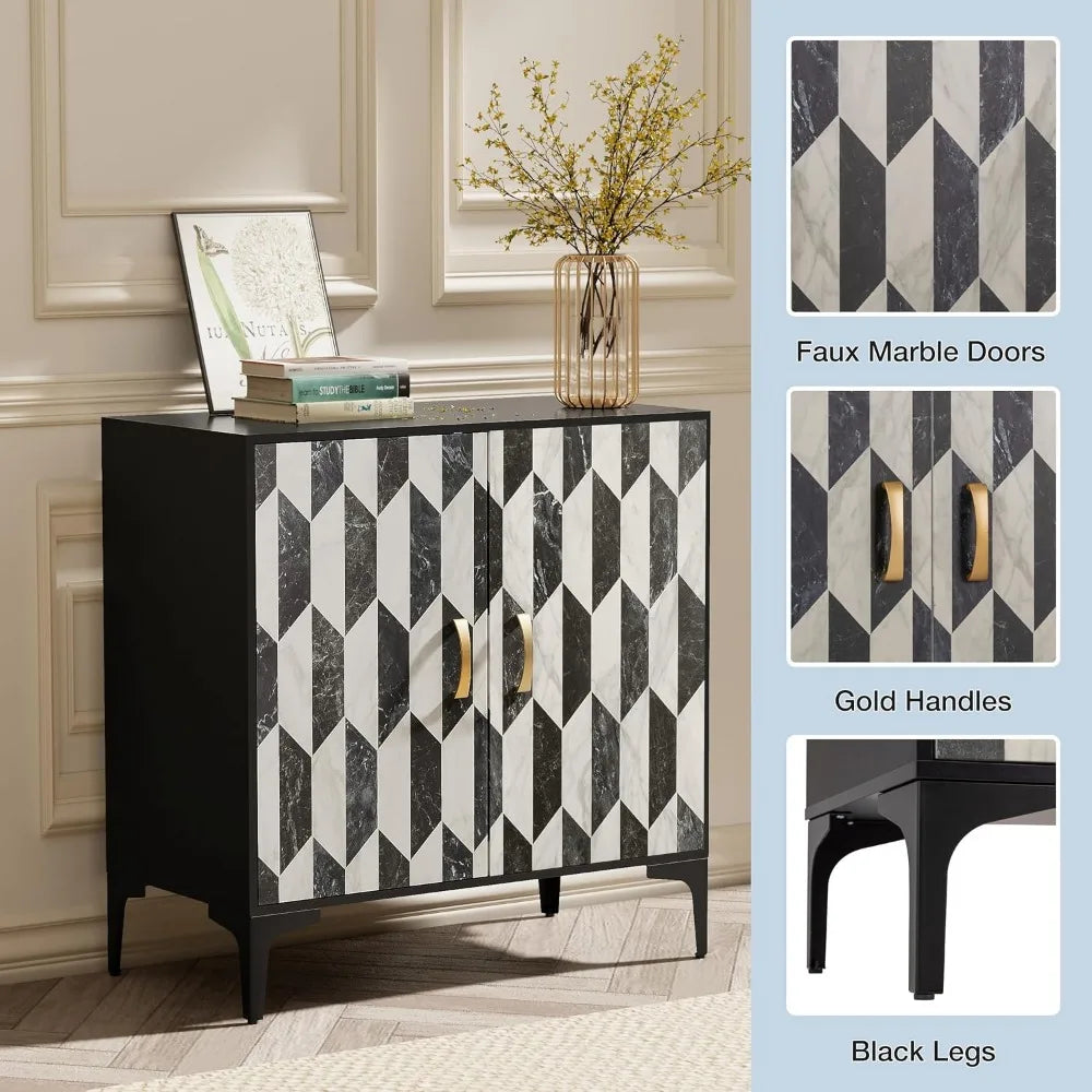 Black Sideboard Buffet Storage Cabinet with Faux Marble Doors 2 Packs