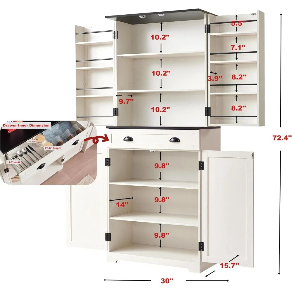 72 Inch High Kitchen Sideboard with Barn Doors Adjustable Shelves Storage