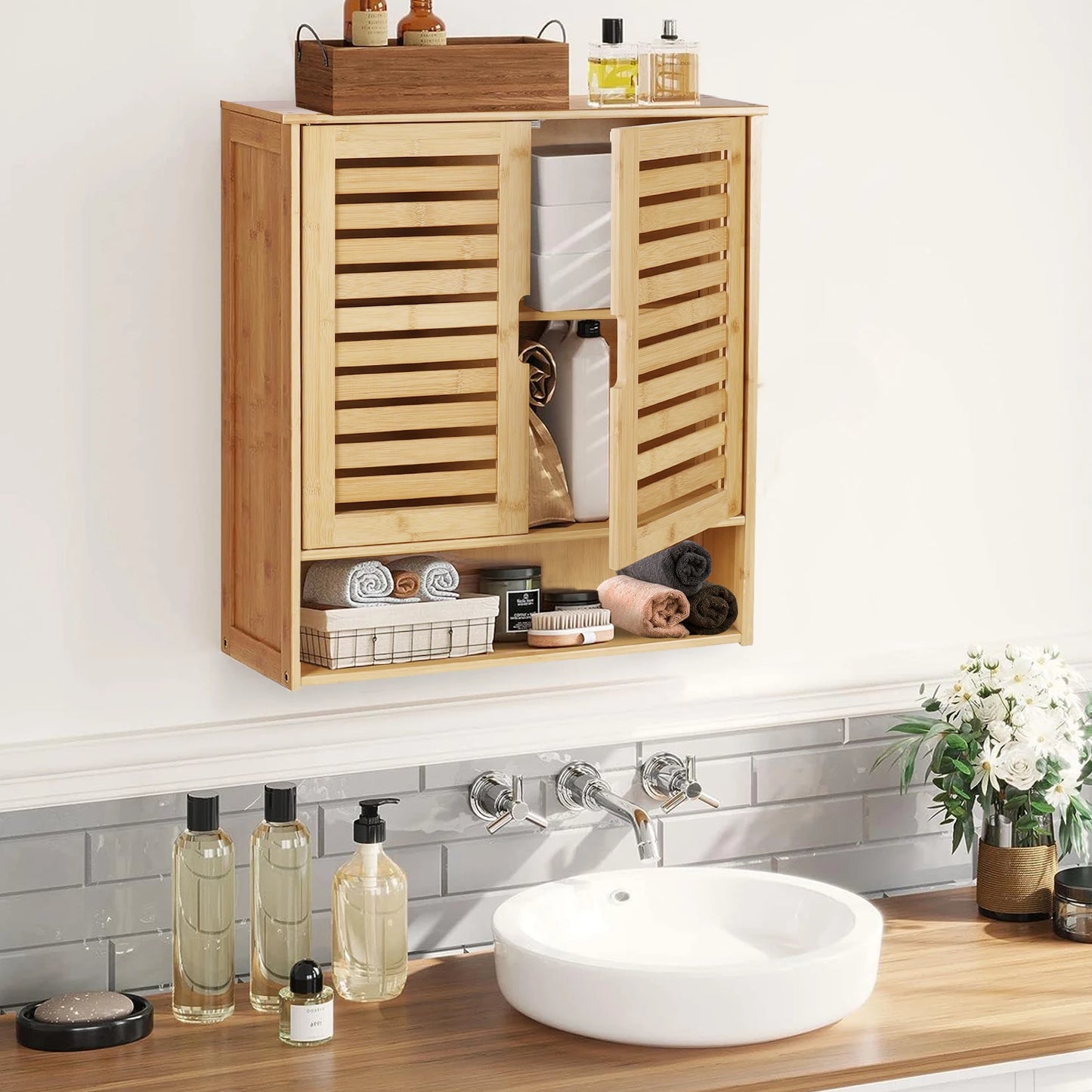 Wall Mounted Bathroom Bamboo Storage Cabinet Medicine Shelf