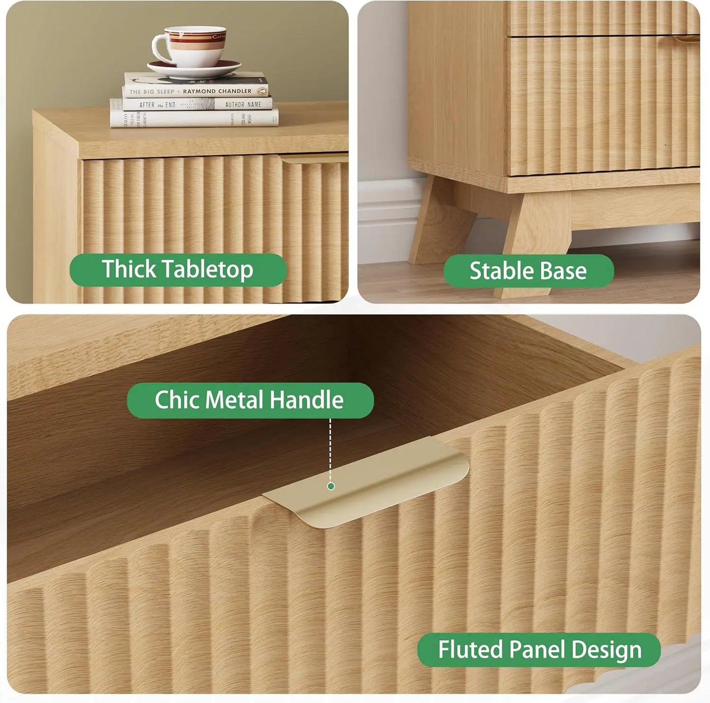 Fluted Nightstand 24" Large Storage Drawers Mid Century Modern Table