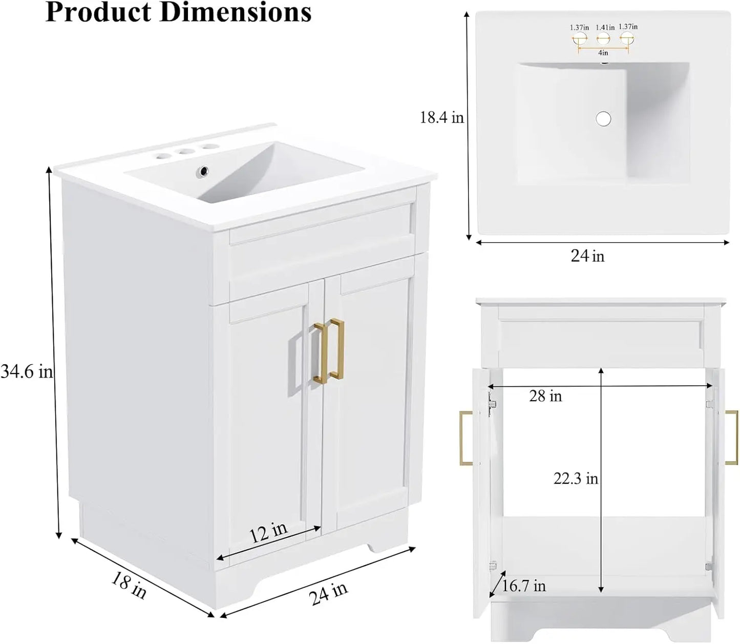 Bathroom Vanity with Ceramic Sink 24 Inches Wooden Cabinet