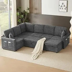 Modern U Shaped Sleeper Sofa Bed 8 Storages Sectional Couch 7 Seater