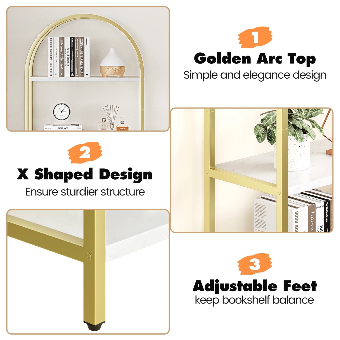 Tall 5 Tier Bookshelf Arched Display Modern Metal Frame Wooden Bookcase