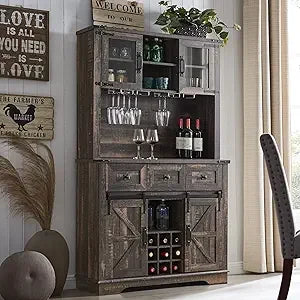 Farmhouse Buffet with Hutch 72 Inch Bar Cabinet Sliding Barn Door Storage