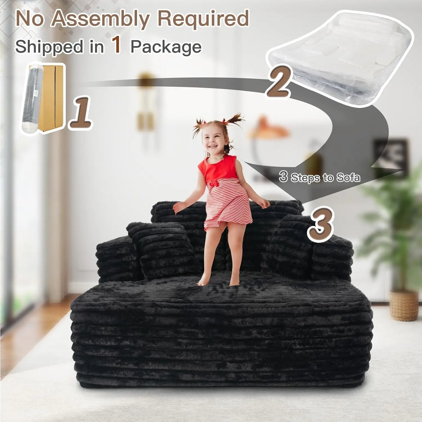 Ljustra Faux Fur Sleeper Chaise Sofa Oversized 60" Deep Cloud Couch Bed Black