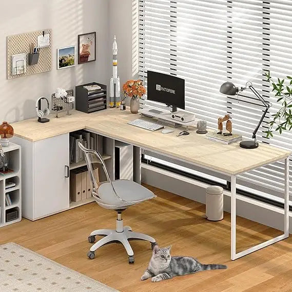 L Shaped Executive Desk with File Cabinet and Power Outlet for Office