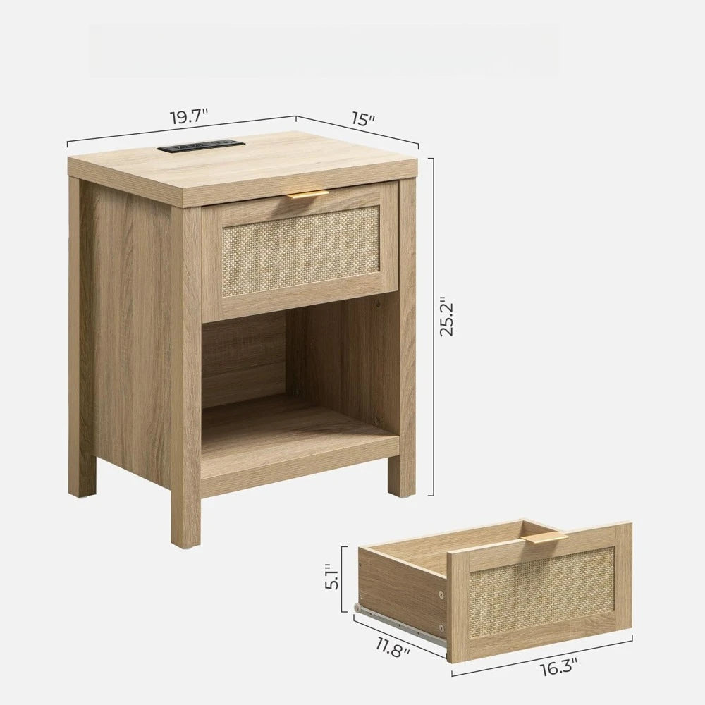 Set of 2 Boho End Side Tables with USB Type-C Ports for Small Spaces