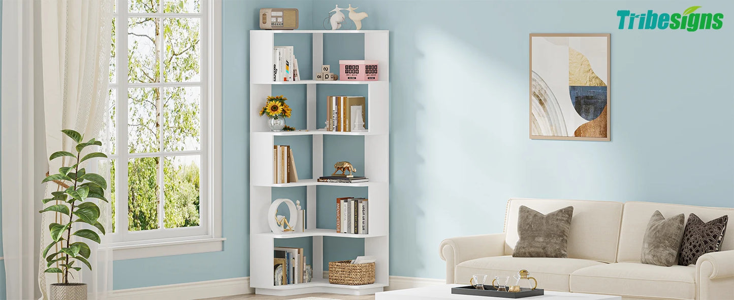 Ljustra 6 Tier Corner Bookshelf Industrial Wood Grain Bookcase