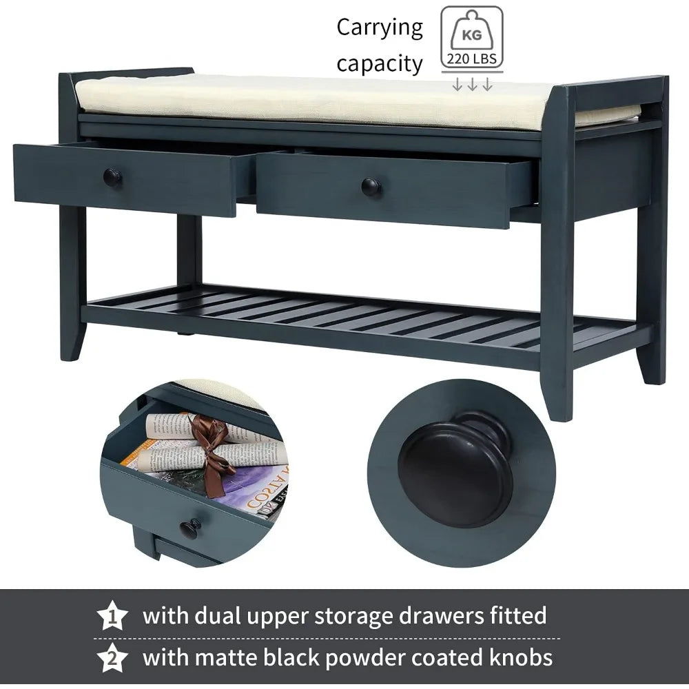 Entry Storage Bench with Cushioned Seat and 2 Drawers for Shoes