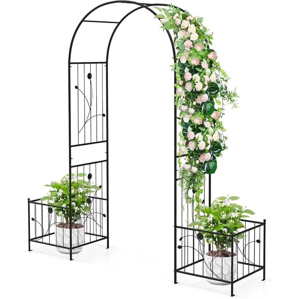 Garden Arbor Metal Archway Pergola with Side Planters and Ground Stakes