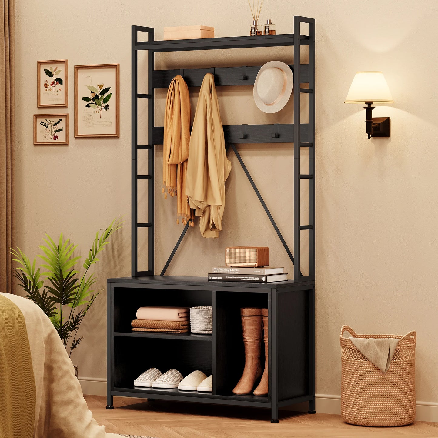 Hall Tree Entryway Bench Coat Rack Shoe Storage Industrial Style