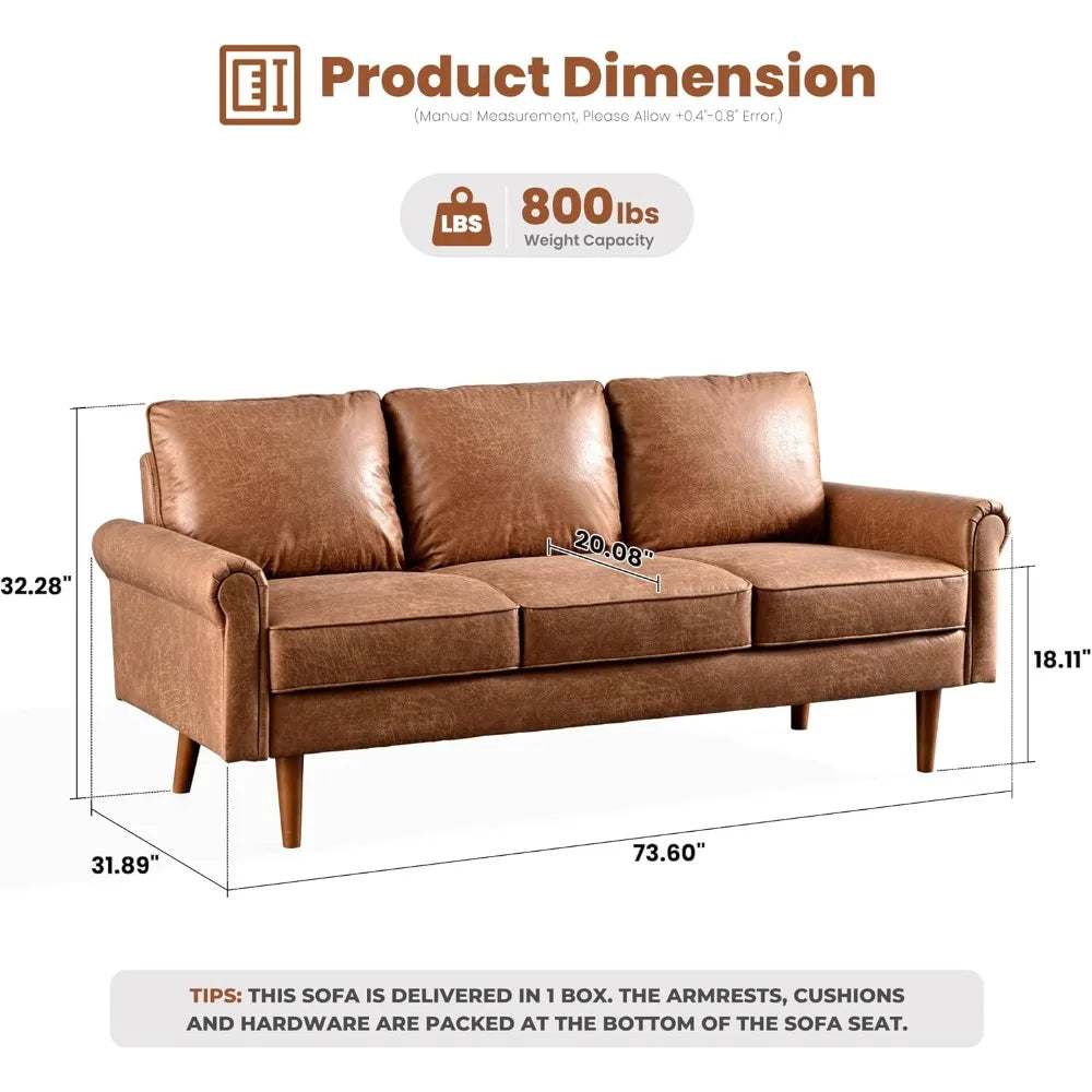 Luxury 3-Seater Suede Faux Leather Sofa Mid-Century Modern Couch