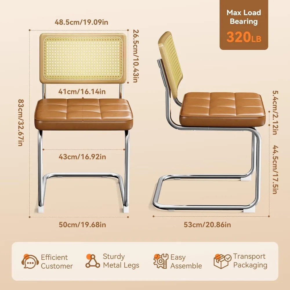 Modern Dining Chairs Set of 4 Faux Leather Cane Back Metal Legs Rattan