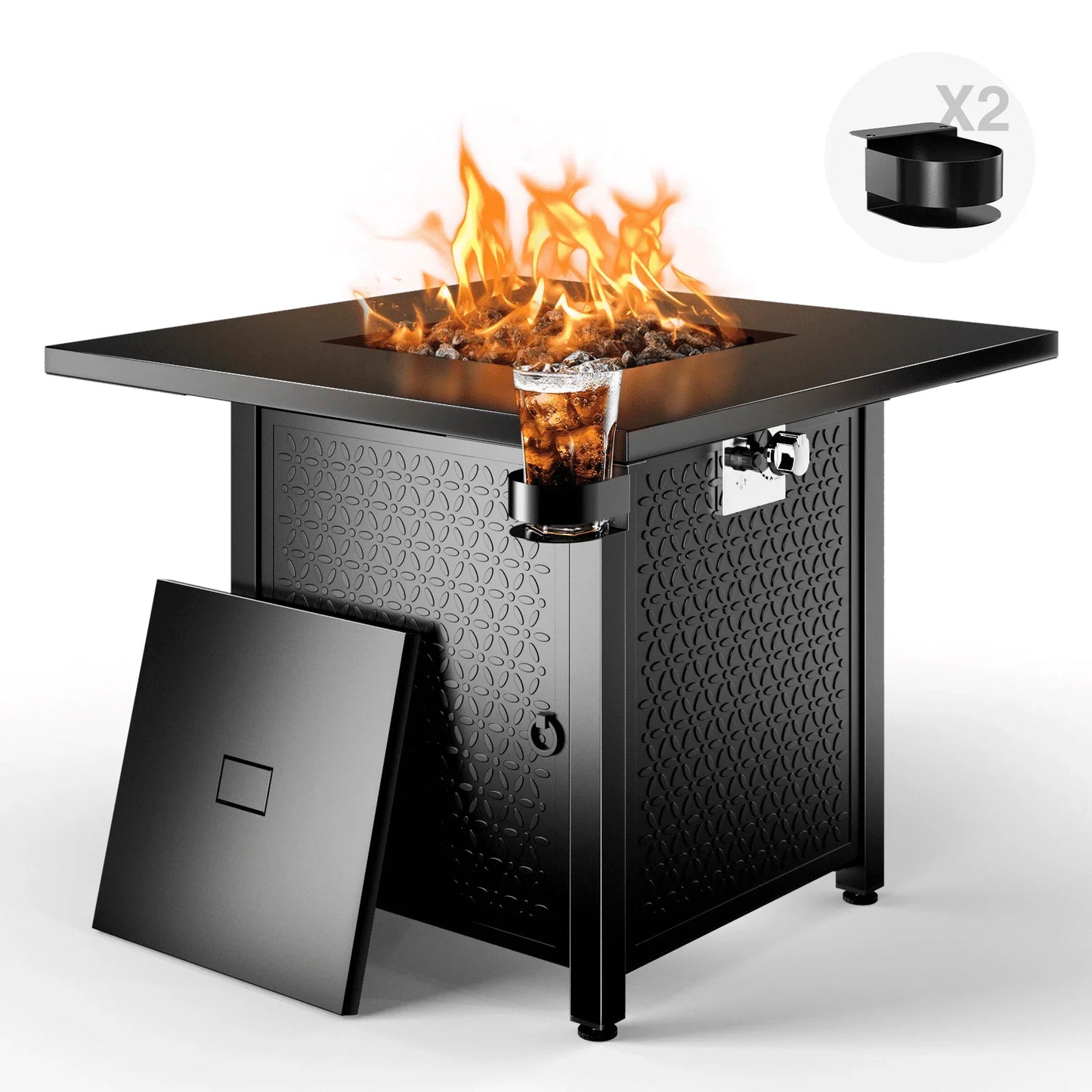 28 Inch Propane Fire Pit Table with Lid Lava Rock 50000 BTU Outdoor
