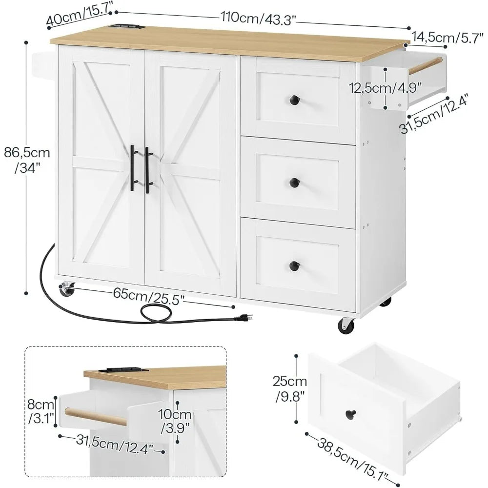 Kitchen Island with Power Outlet Rolling Cart Storage 3 Drawers Adjustable