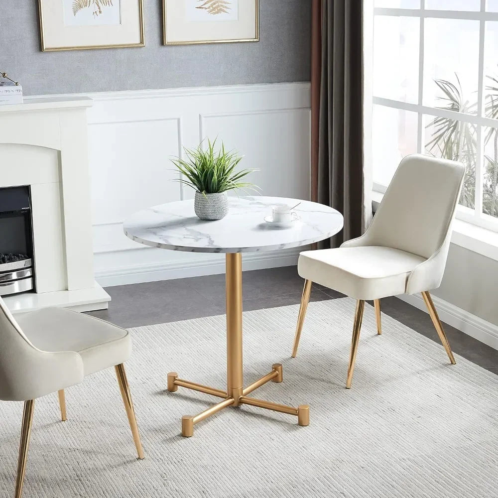 31.5 Inch Round Dining Table White Faux Marble Top Golden Legs Modern