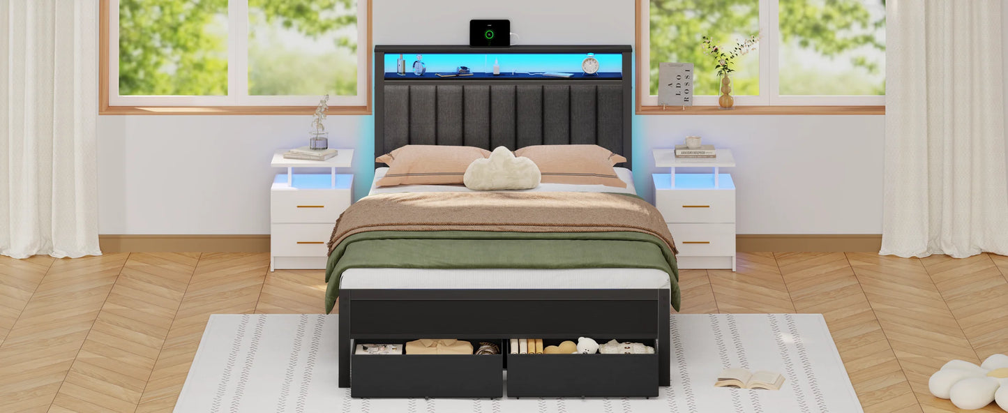 Ljustra Full Bed Frame with Charging Station LED Lights and Storage