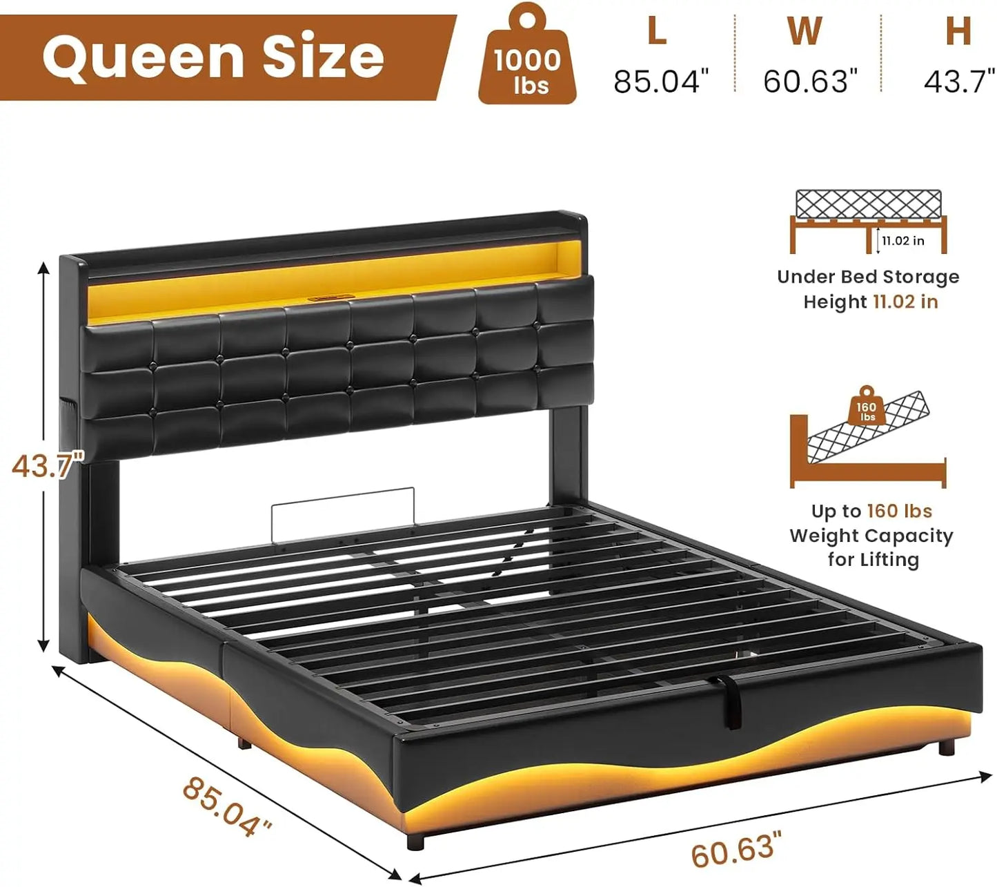 Lift Up Storage Queen Bed Frame with Charging Station and LED Lights