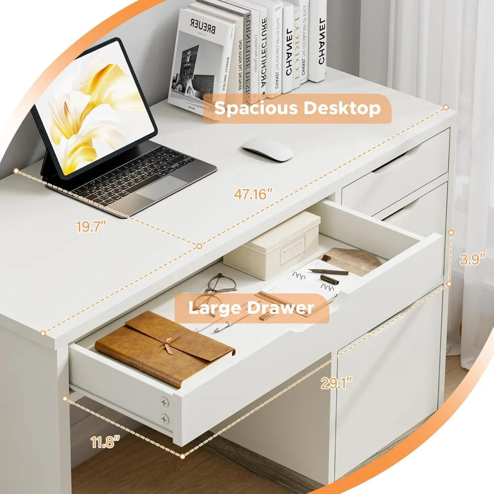 48 Inch White Desk with Drawers Small Computer Study Desk for Kids