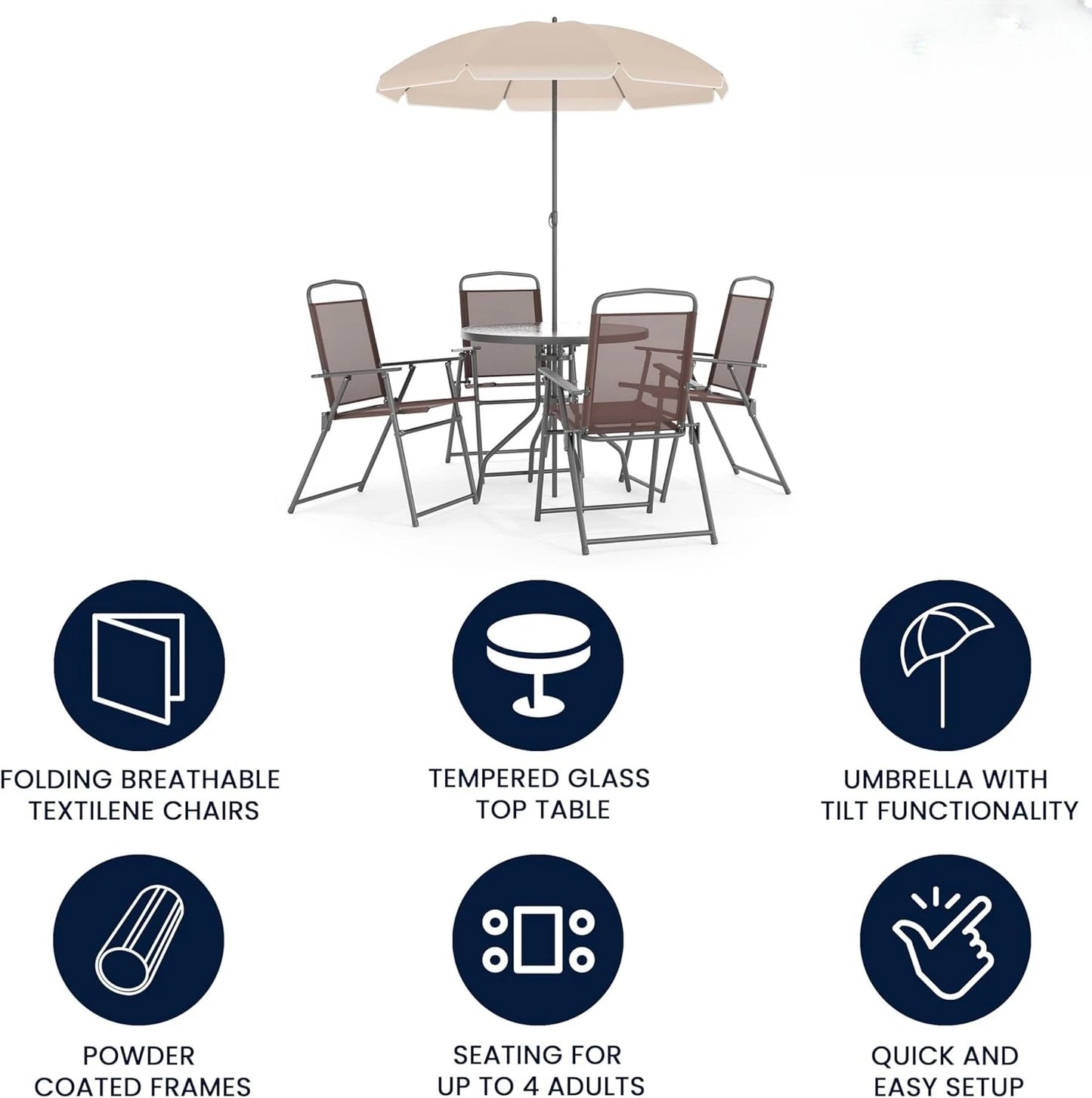 Nantucket 6 Piece Patio Dining Set with Glass Table Umbrella Chairs