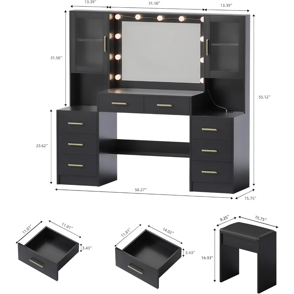 Black Vanity Desk with Mirror LED Lights Charging Station Makeup Table