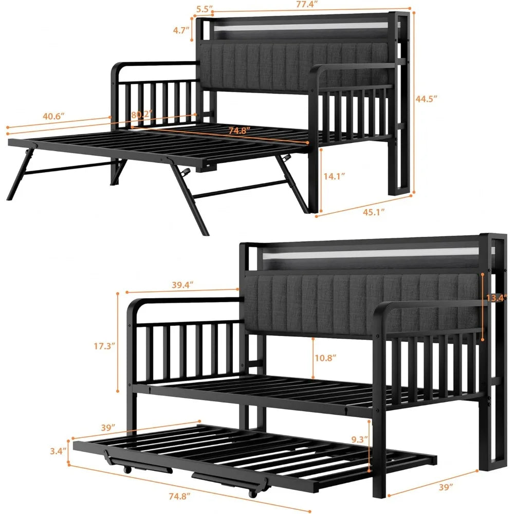 Twin Size Daybed with Trundle LED Lighting Upholstered Headboard Charging Station